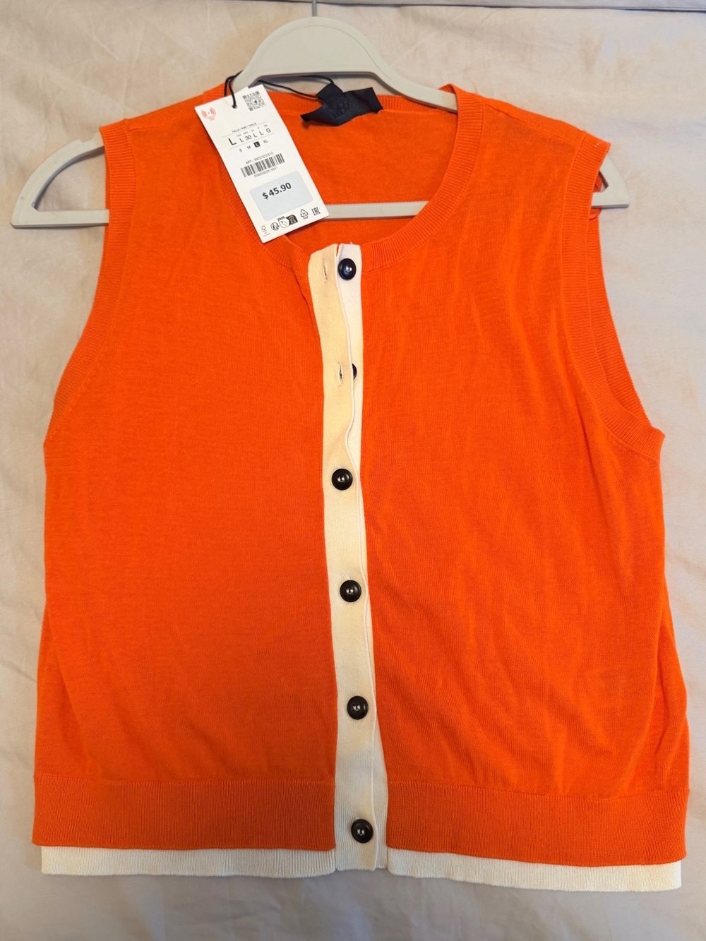 Zara Orange Sleeveless Button-Down Knit Top with Cream Trim